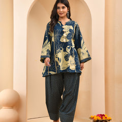 Cobalt blue panel cotton cord set with polka dot printed farshi pant