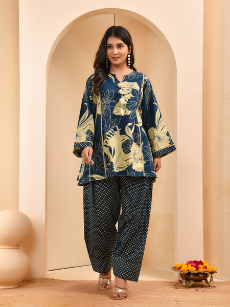 Cobalt blue panel cotton cord set with polka dot printed farshi pant