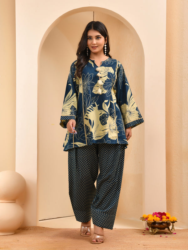 Cobalt blue panel cotton cord set with polka dot printed farshi pant