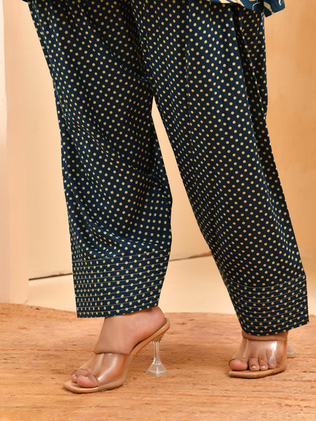 Cobalt blue panel cotton cord set with polka dot printed farshi pant