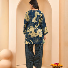 Cobalt blue panel cotton cord set with polka dot printed farshi pant
