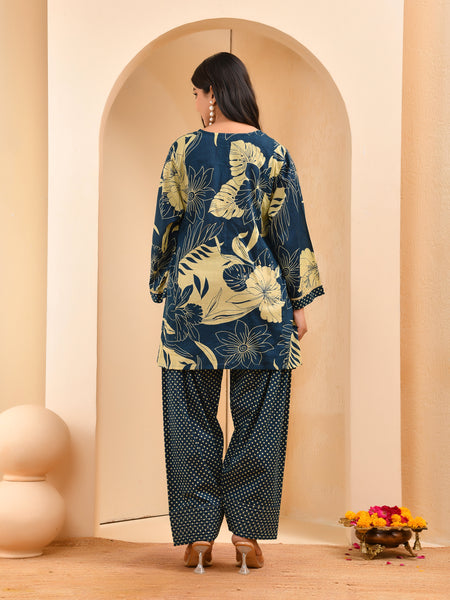 Cobalt blue panel cotton cord set with polka dot printed farshi pant