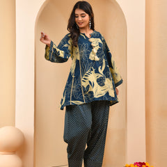 Cobalt blue panel cotton cord set with polka dot printed farshi pant