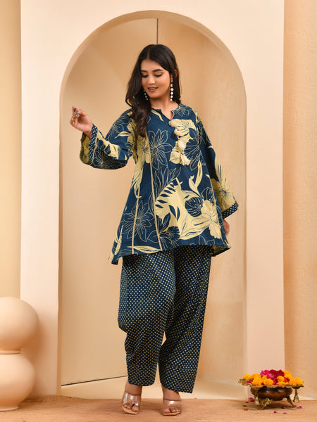 Cobalt blue panel cotton cord set with polka dot printed farshi pant