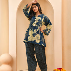 Cobalt blue panel cotton cord set with polka dot printed farshi pant