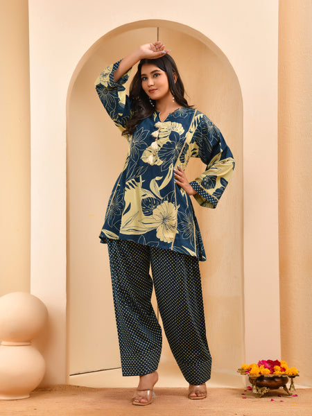 Cobalt blue panel cotton cord set with polka dot printed farshi pant