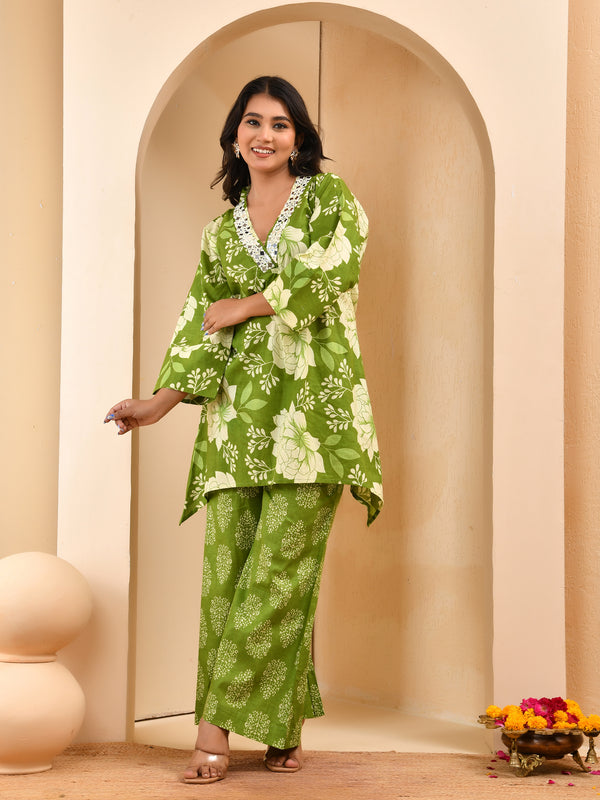 Green floral printed mirror embroidered top with printed bell bottom pants