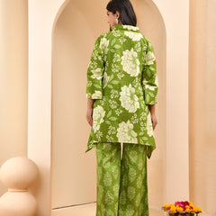 Green floral printed mirror embroidered top with printed bell bottom pants