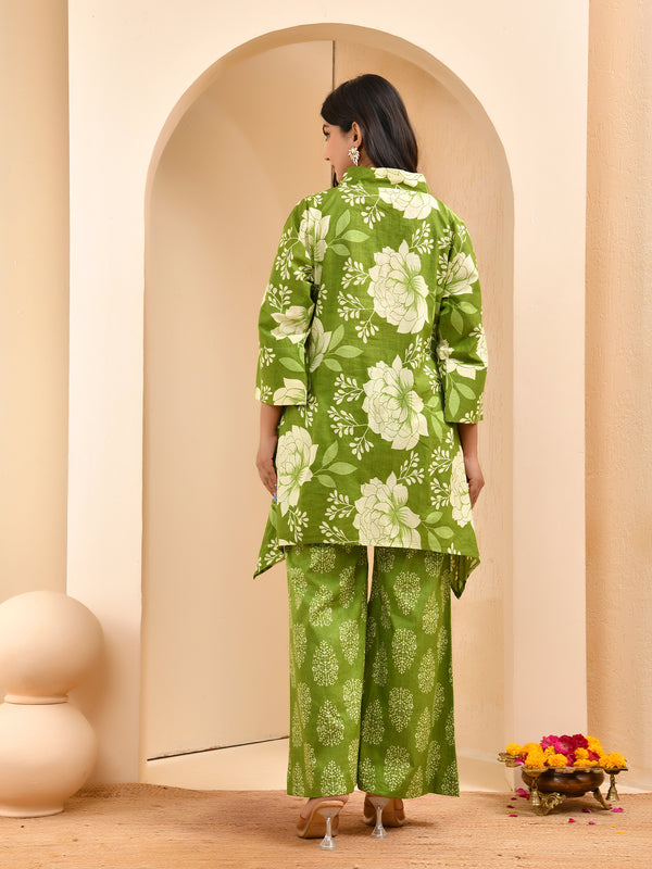 Green floral printed mirror embroidered top with printed bell bottom pants