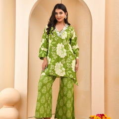Green floral printed mirror embroidered top with printed bell bottom pants