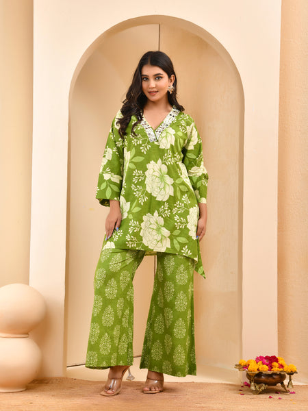Green floral printed mirror embroidered top with printed bell bottom pants