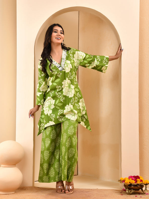 Green floral printed mirror embroidered top with printed bell bottom pants