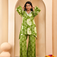 Green floral printed mirror embroidered top with printed bell bottom pants