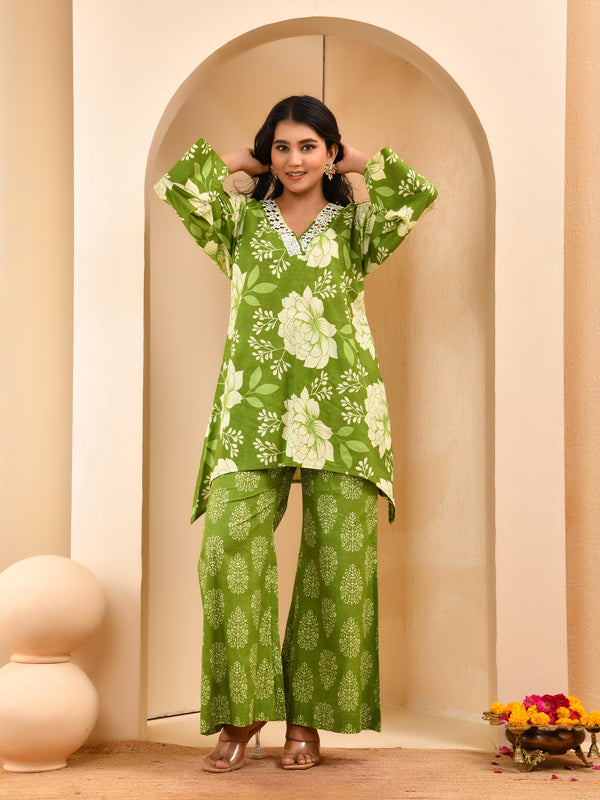 Green floral printed mirror embroidered top with printed bell bottom pants