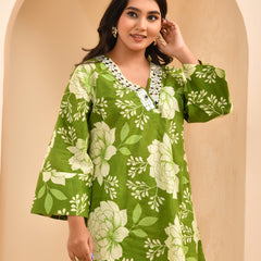 Green floral printed mirror embroidered top with printed bell bottom pants