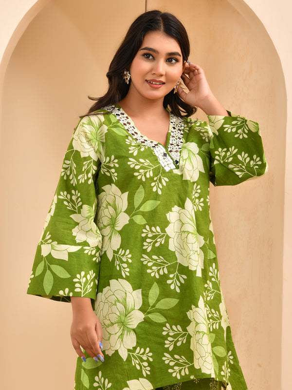 Green floral printed mirror embroidered top with printed bell bottom pants