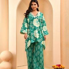 Turquoise floral printed mirror embroidered top with printed bell bottom pants