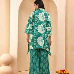 Turquoise floral printed mirror embroidered top with printed bell bottom pants