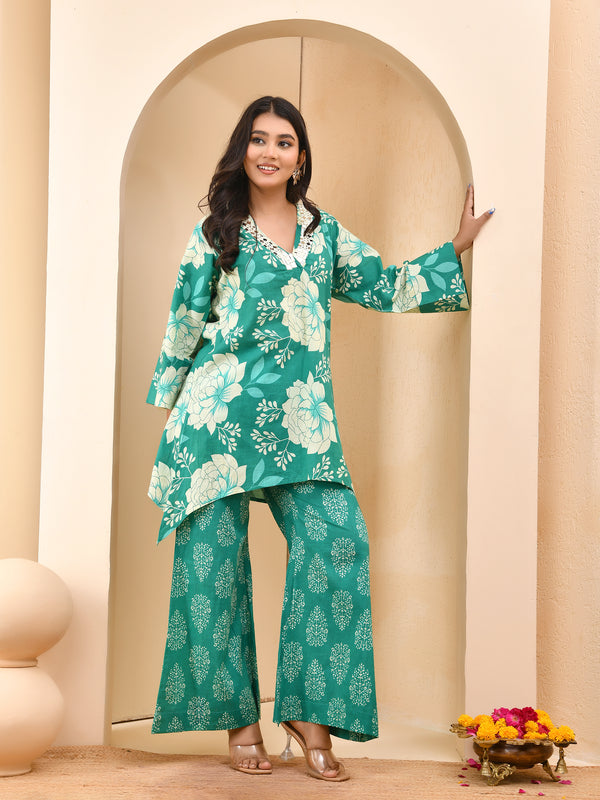 Turquoise floral printed mirror embroidered top with printed bell bottom pants