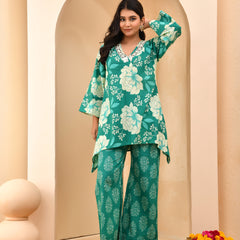 Turquoise floral printed mirror embroidered top with printed bell bottom pants