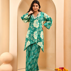 Turquoise floral printed mirror embroidered top with printed bell bottom pants