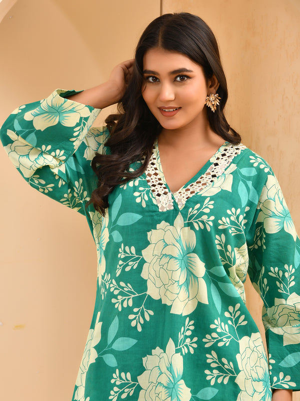 Turquoise floral printed mirror embroidered top with printed bell bottom pants