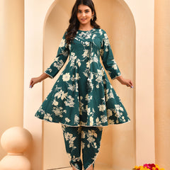Ferozi floral printed short kurta anarkali with tulip dhoti pants