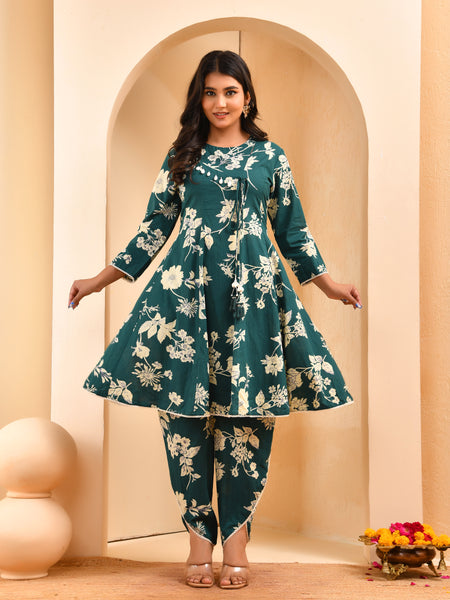 Ferozi floral printed short kurta anarkali with tulip dhoti pants