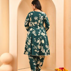 Ferozi floral printed short kurta anarkali with tulip dhoti pants