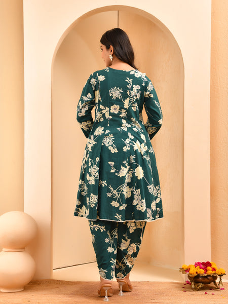 Ferozi floral printed short kurta anarkali with tulip dhoti pants