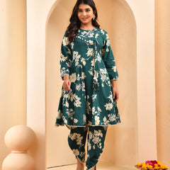 Ferozi floral printed short kurta anarkali with tulip dhoti pants
