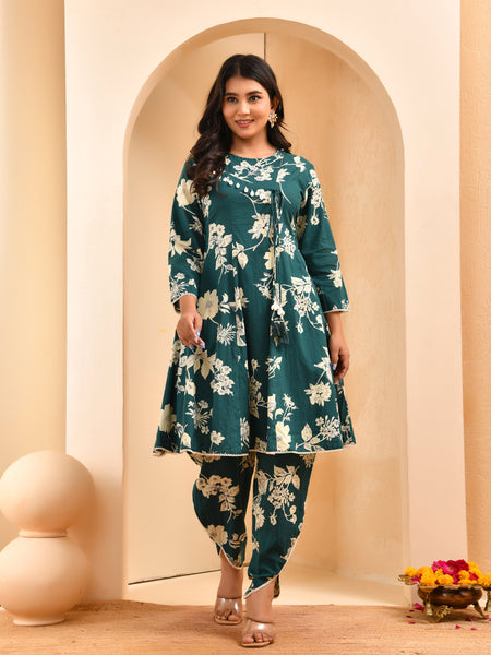 Ferozi floral printed short kurta anarkali with tulip dhoti pants