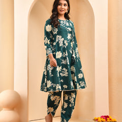 Ferozi floral printed short kurta anarkali with tulip dhoti pants