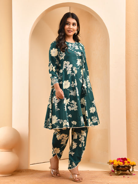 Ferozi floral printed short kurta anarkali with tulip dhoti pants