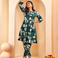 Ferozi floral printed short kurta anarkali with tulip dhoti pants