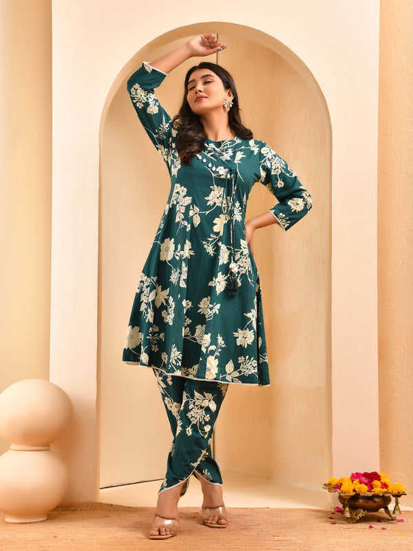 Ferozi floral printed short kurta anarkali with tulip dhoti pants