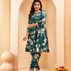 Ferozi floral printed short kurta anarkali with tulip dhoti pants