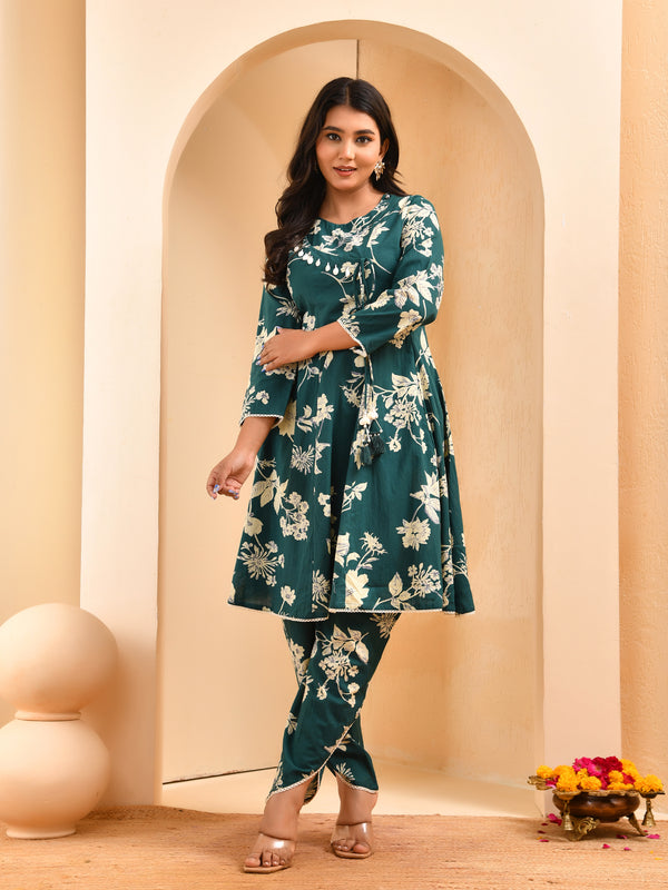 Ferozi floral printed short kurta anarkali with tulip dhoti pants