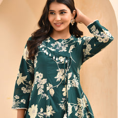 Ferozi floral printed short kurta anarkali with tulip dhoti pants