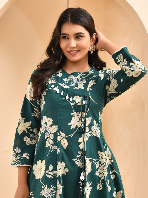 Ferozi floral printed short kurta anarkali with tulip dhoti pants
