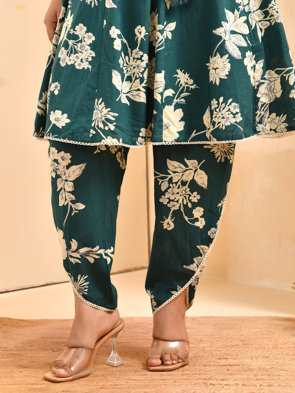 Ferozi floral printed short kurta anarkali with tulip dhoti pants