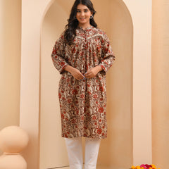 Brown floral printed gathered short kurta with solid pants