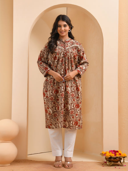 Brown floral printed gathered short kurta with solid pants