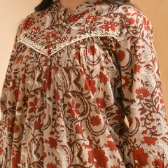 Brown floral printed gathered short kurta with solid pants