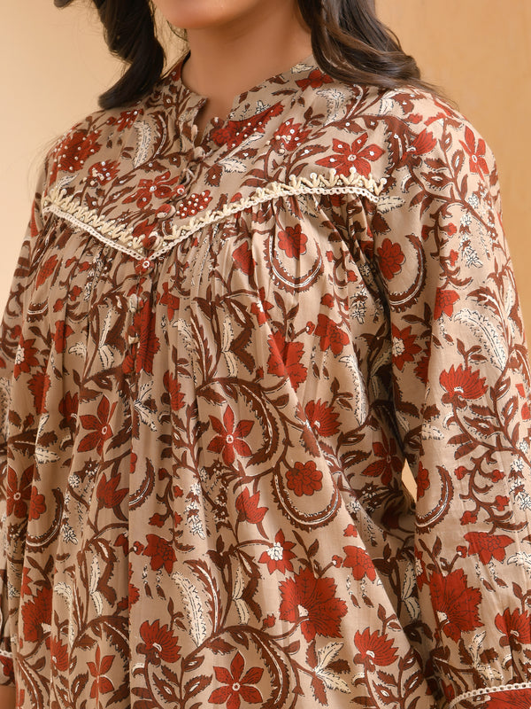 Brown floral printed gathered short kurta with solid pants
