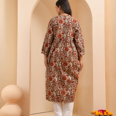 Brown floral printed gathered short kurta with solid pants