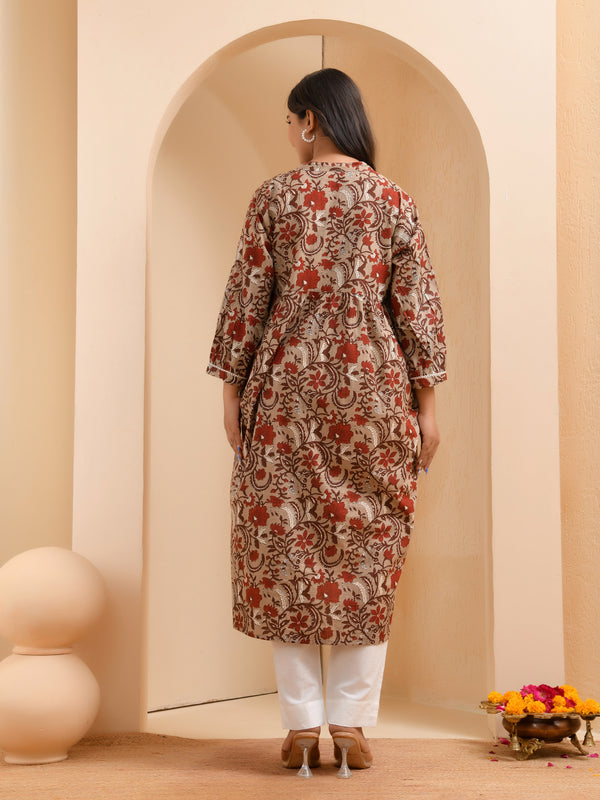 Brown floral printed gathered short kurta with solid pants