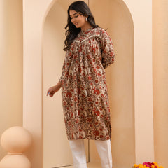 Brown floral printed gathered short kurta with solid pants