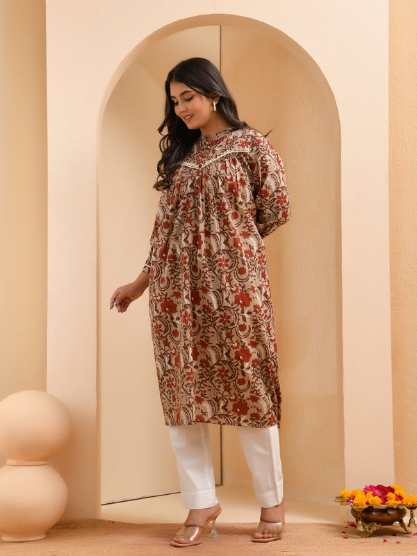 Brown floral printed gathered short kurta with solid pants