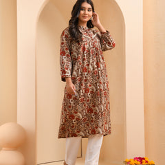 Brown floral printed gathered short kurta with solid pants
